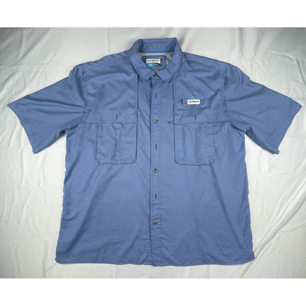 MAGELLAN FISHING SHIRT MENS 2XL BLUE CHECK SHORT SLEEVE VENTED PERFORMANCE MAG W